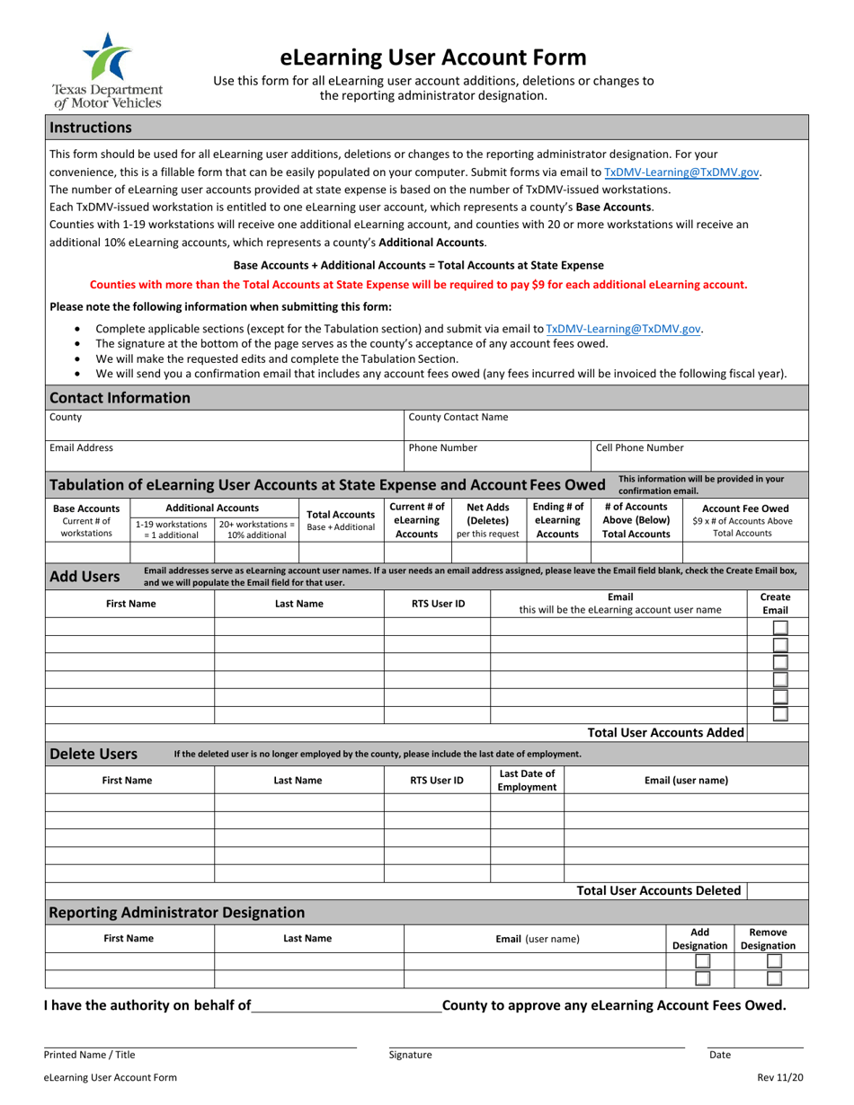 Elearning User Account Form - Texas, Page 1