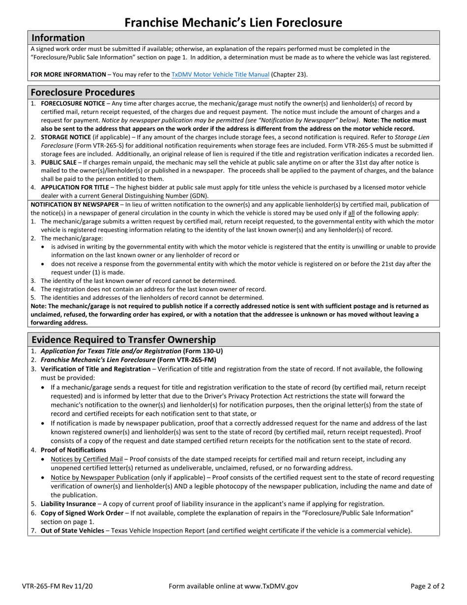 Form VTR-265-FM Franchise Mechanics Lien Foreclosure - Texas, Page 2