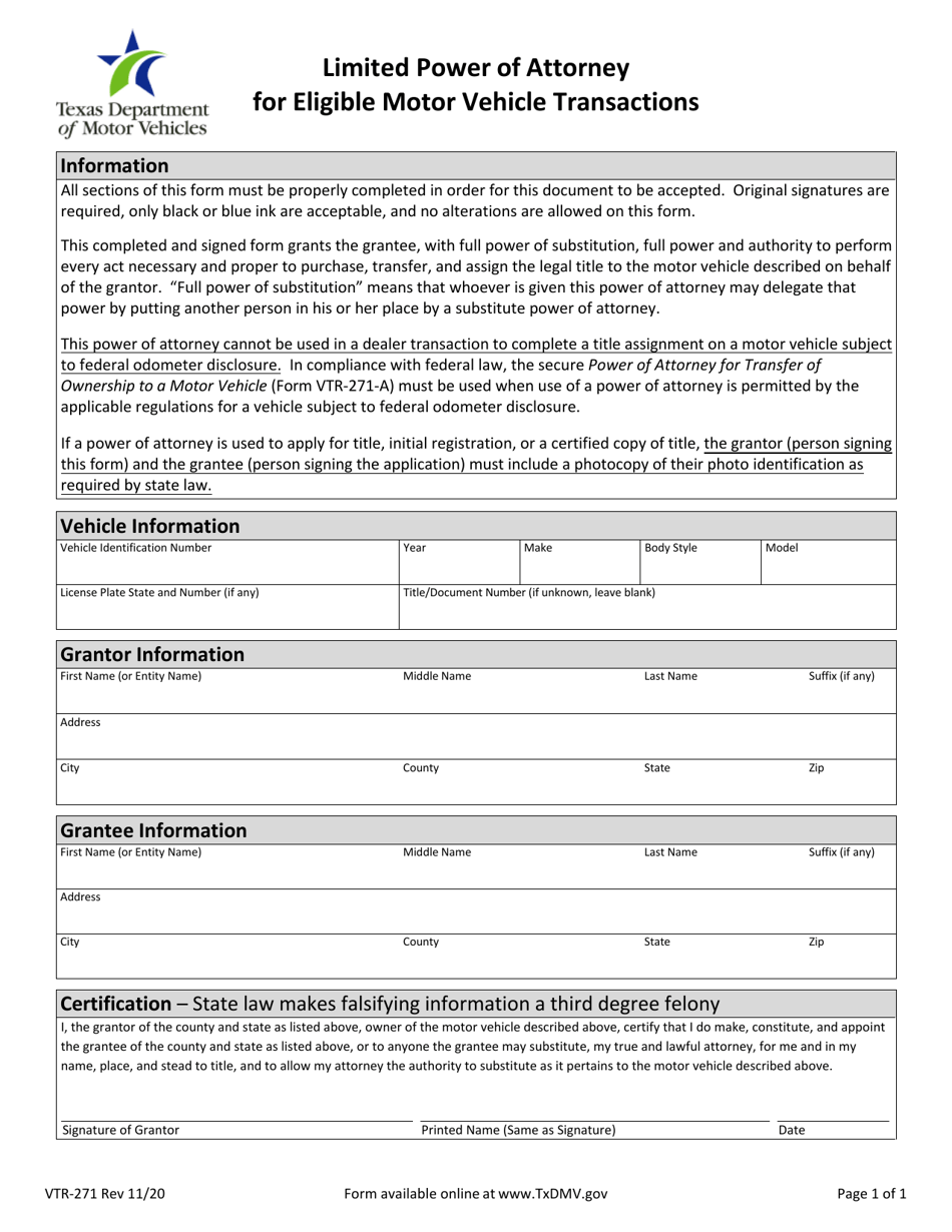 Form VTR-271 Limited Power of Attorney for Eligible Motor Vehicle Transactions - Texas, Page 1