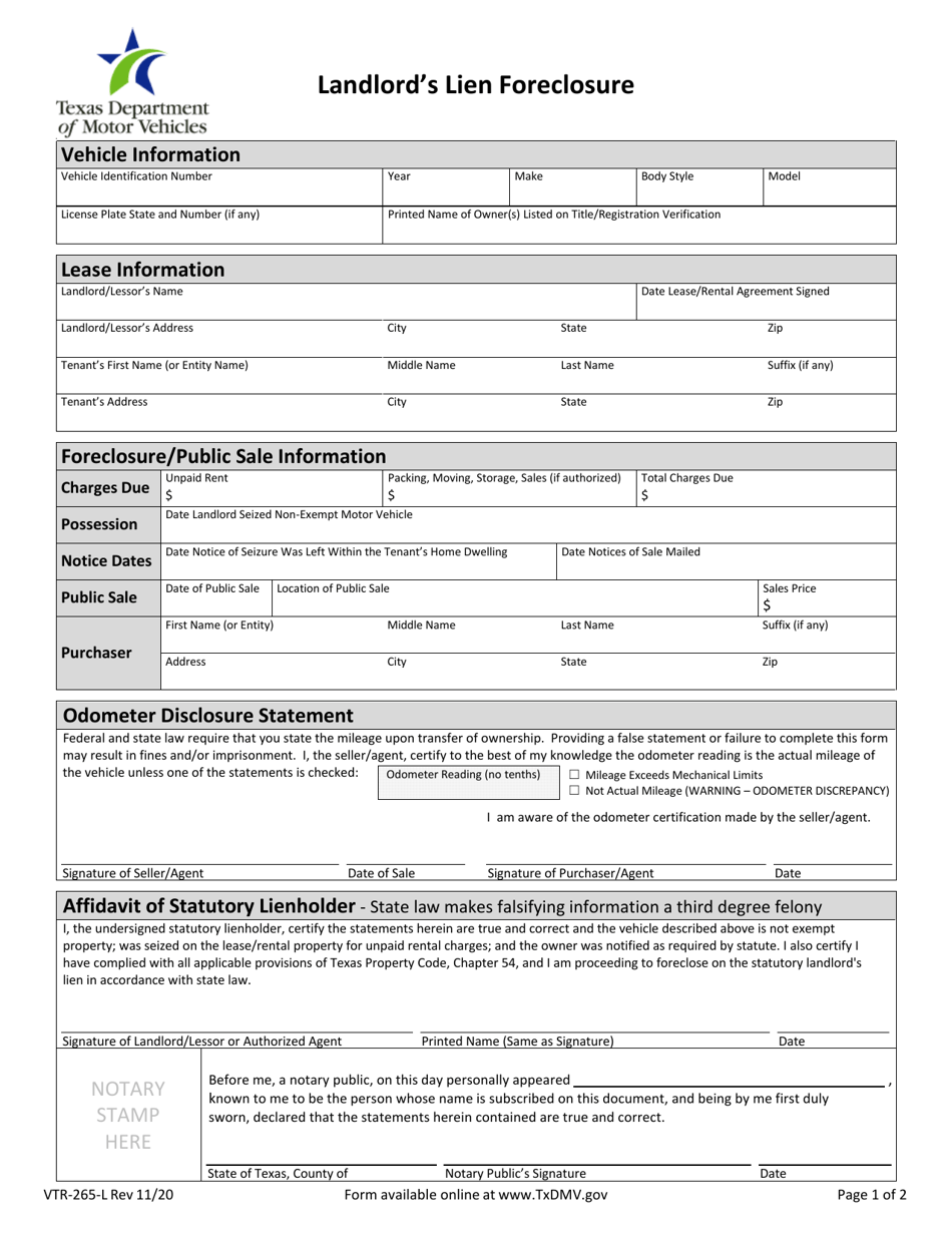 Form VTR-265-L Landlords Lien Foreclosure - Texas, Page 1