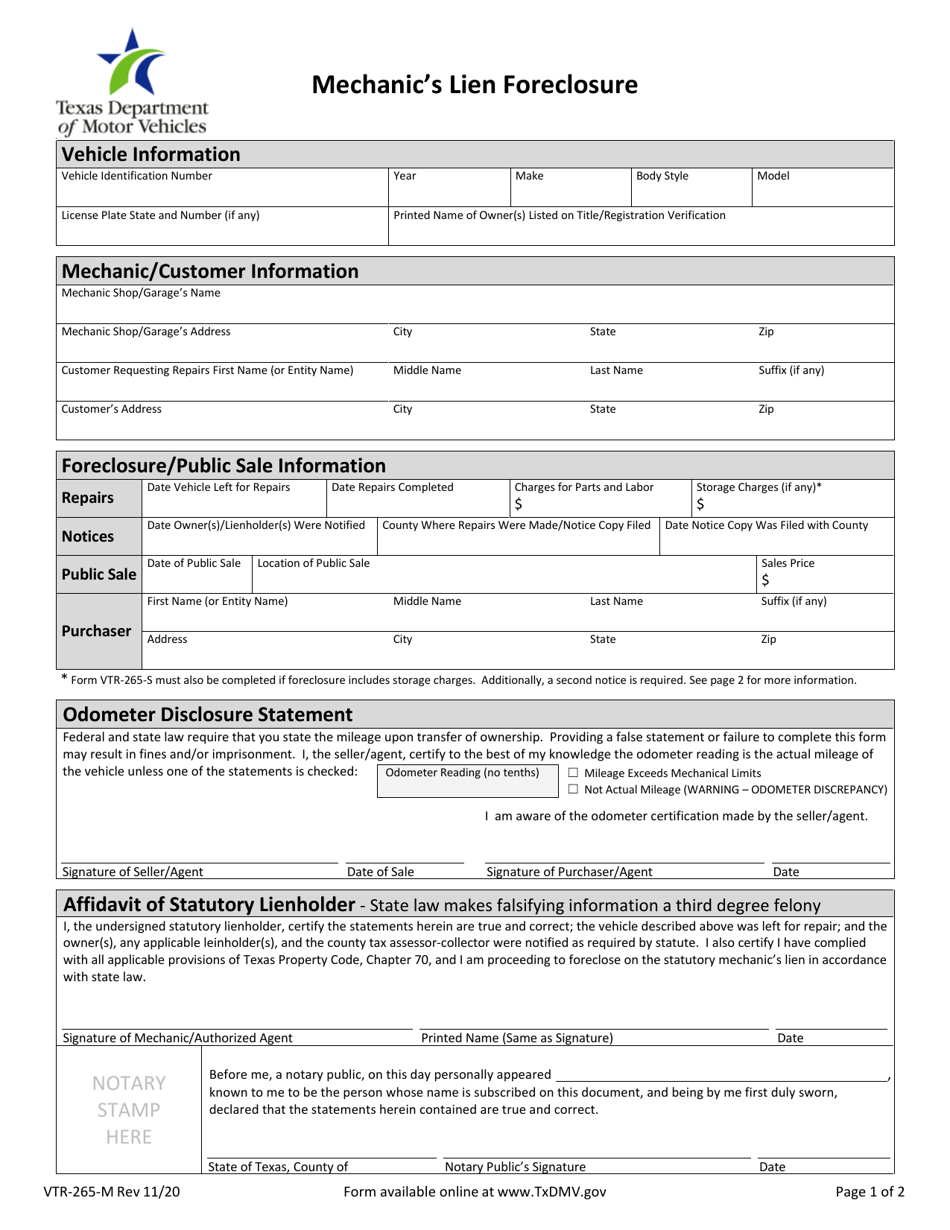 Form VTR-265-M Mechanics Lien Foreclosure - Texas, Page 1