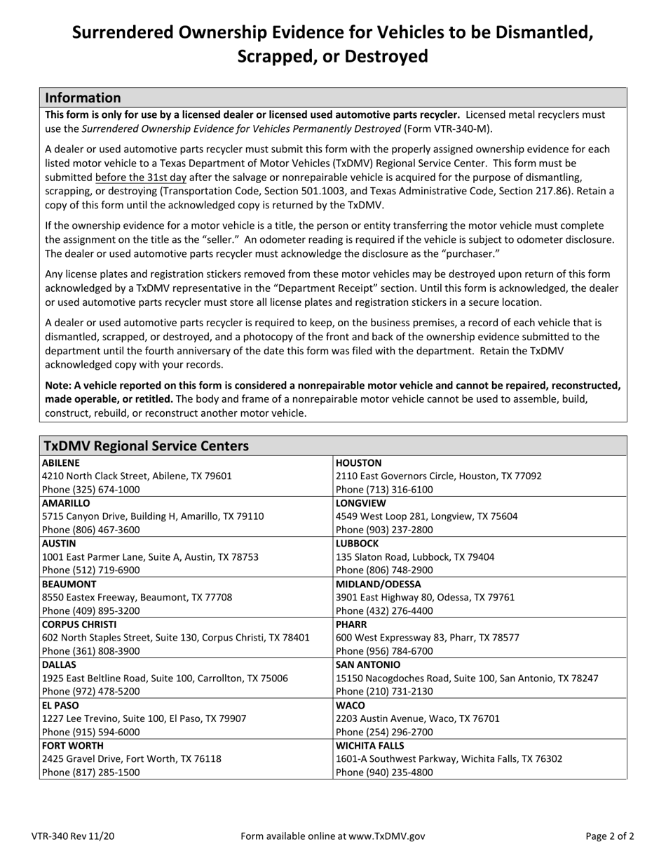 Form VTR-340 Surrendered Ownership Evidence for Vehicles to Be Dismantled, Scrapped, or Destroyed - Texas, Page 2