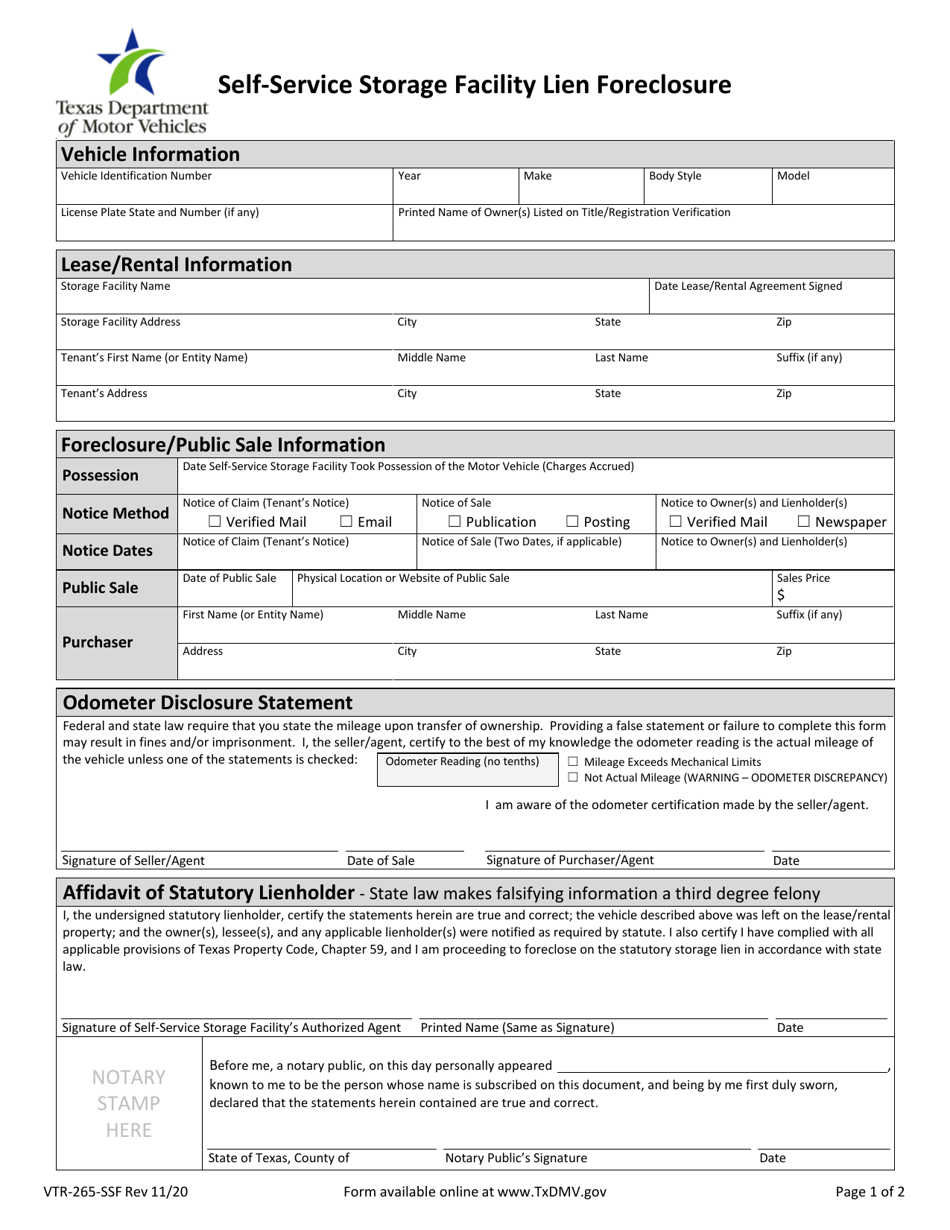 Form VTR-265-SSF Self-service Storage Facility Lien Foreclosure - Texas, Page 1
