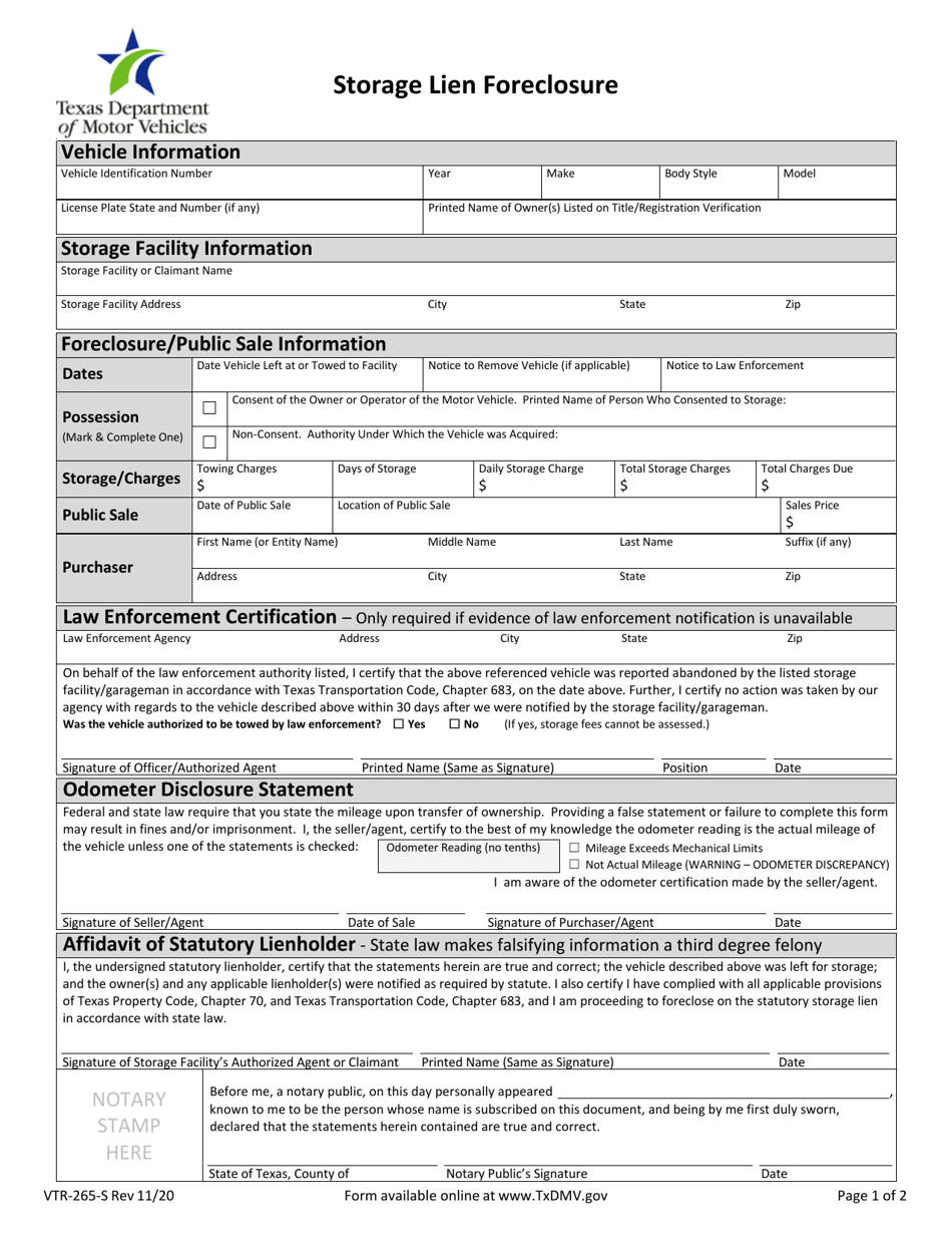 Form VTR-265-S Storage Lien Foreclosure - Texas, Page 1
