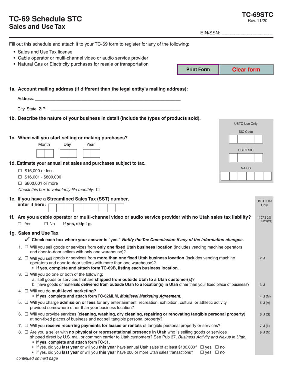 Form TC-69 Schedule STC Sales and Use Tax - Utah, Page 1