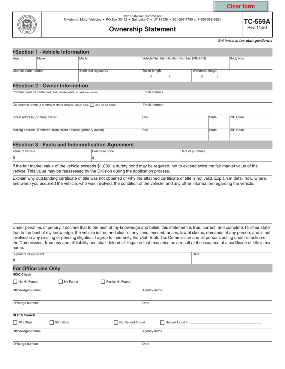 Form TC-569A Ownership Statement - Utah, Page 1