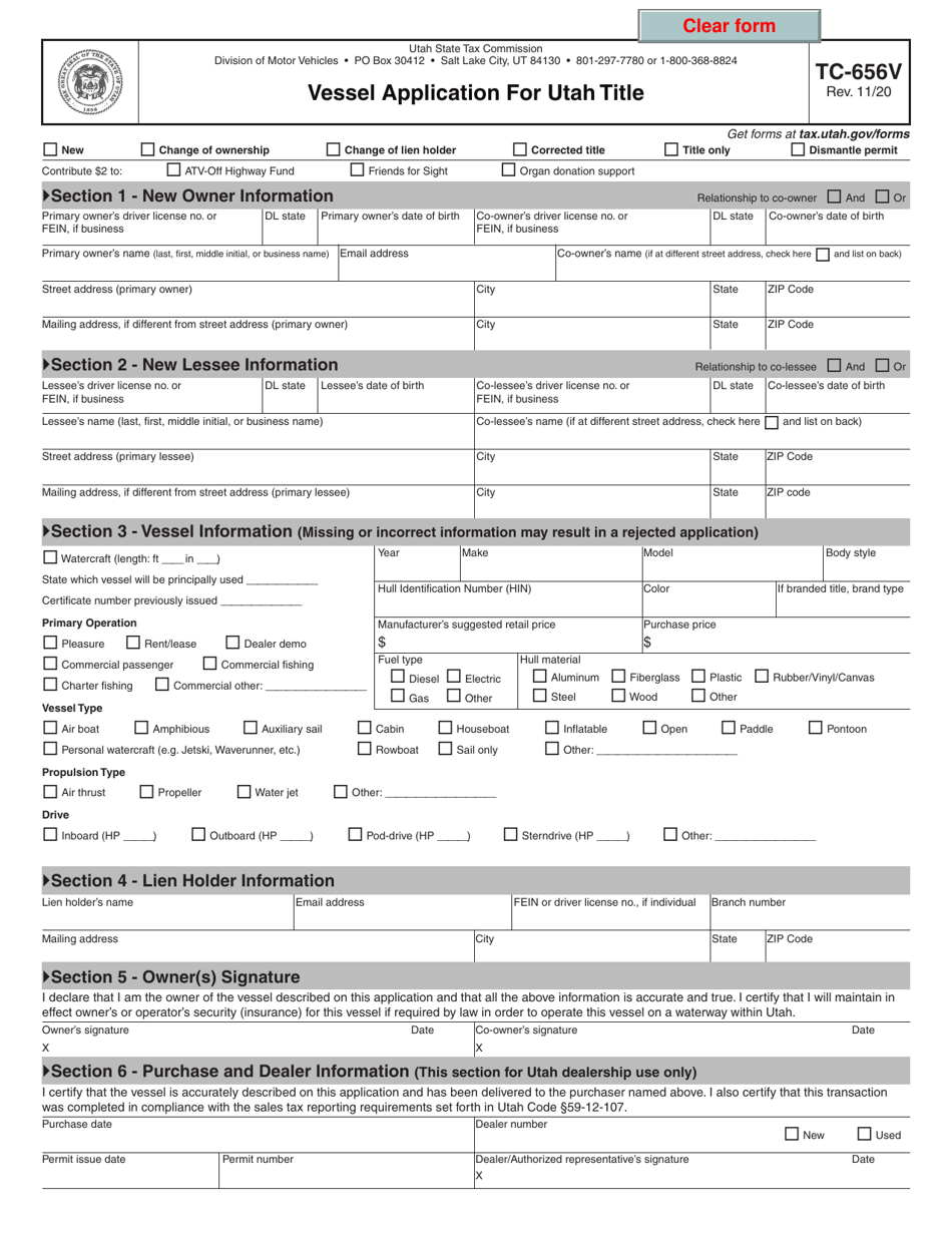 Form TC-656V Vessel Application for Utah Title - Utah, Page 1