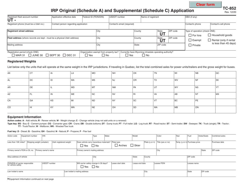 Form TC-852 Irp Original (Schedule a) and Supplemental (Schedule C) Application - Utah, Page 1
