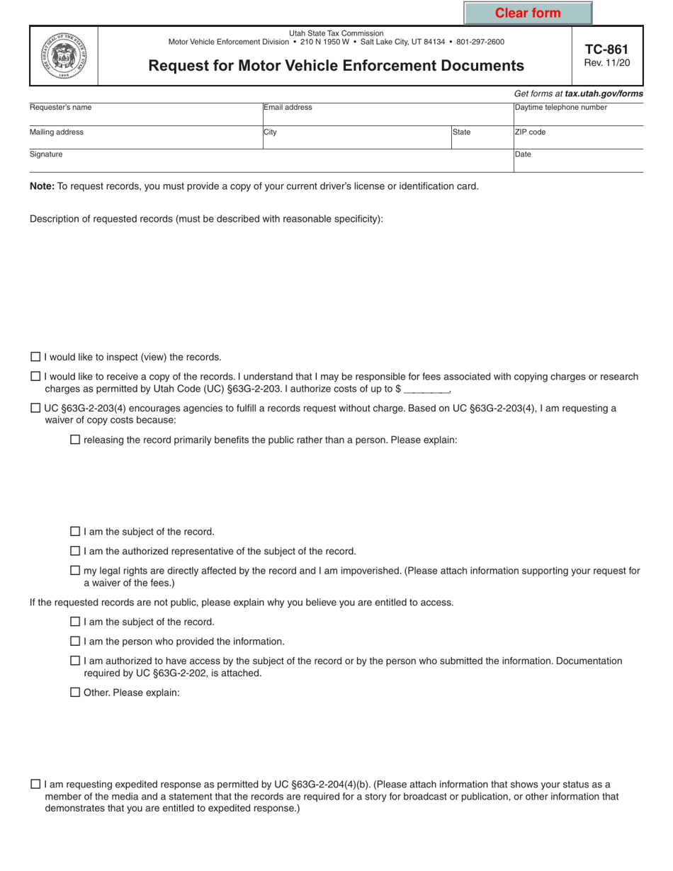Form TC-861 Request for Motor Vehicle Enforcement Documents - Utah, Page 1