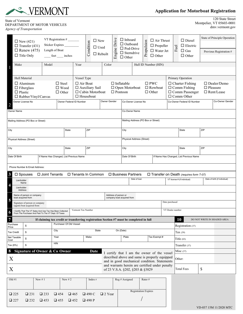 Form VD-037 Application for Motorboat Registration - Vermont, Page 2