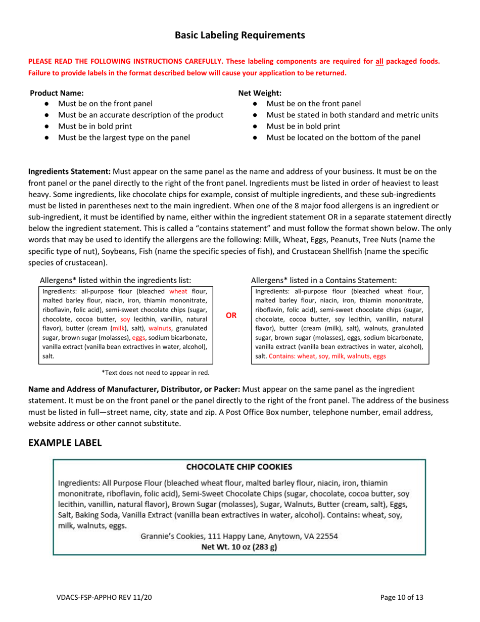 Form VDACS-FSP-APPHO Application for a Home Food Processing Operation - Virginia, Page 10