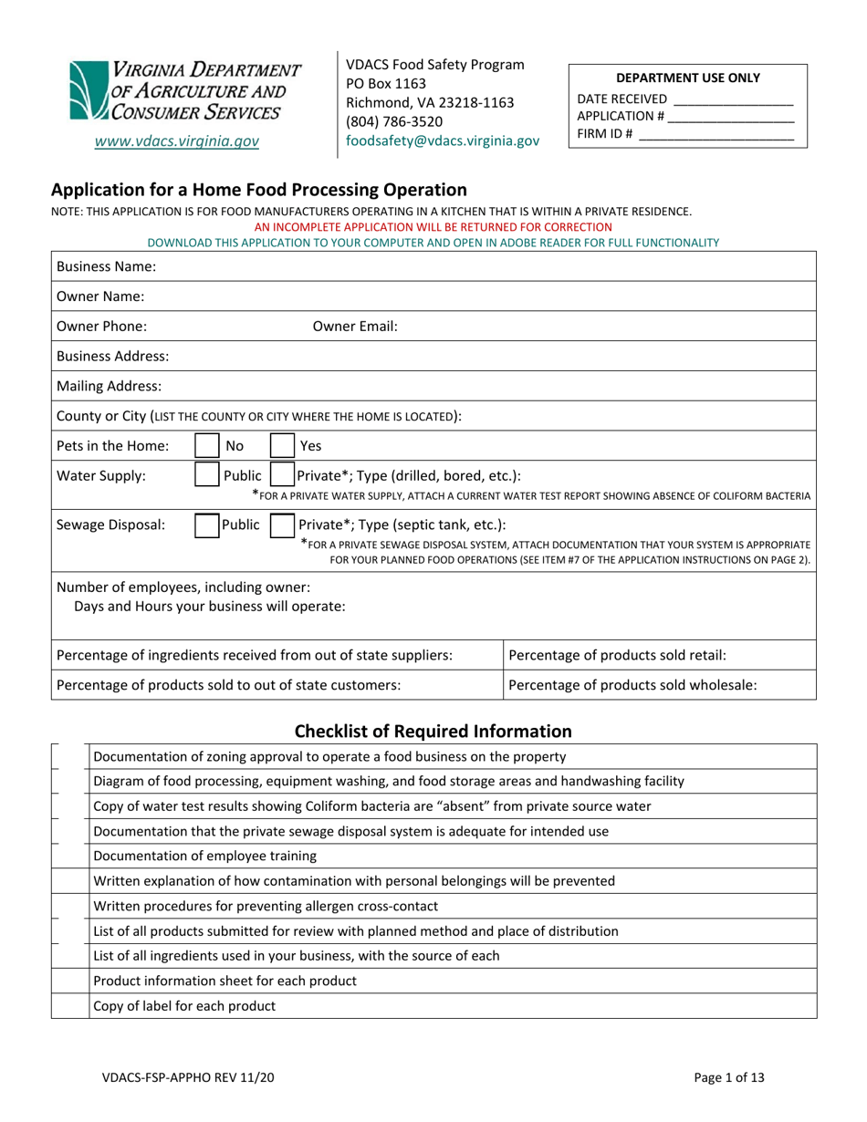 Form VDACS-FSP-APPHO Application for a Home Food Processing Operation - Virginia, Page 1