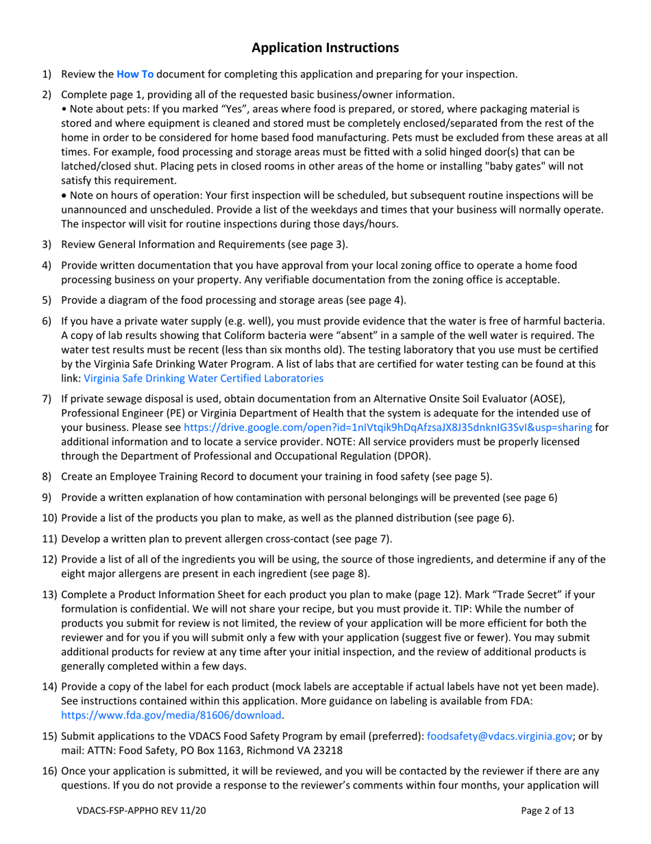 Form VDACS-FSP-APPHO Application for a Home Food Processing Operation - Virginia, Page 2