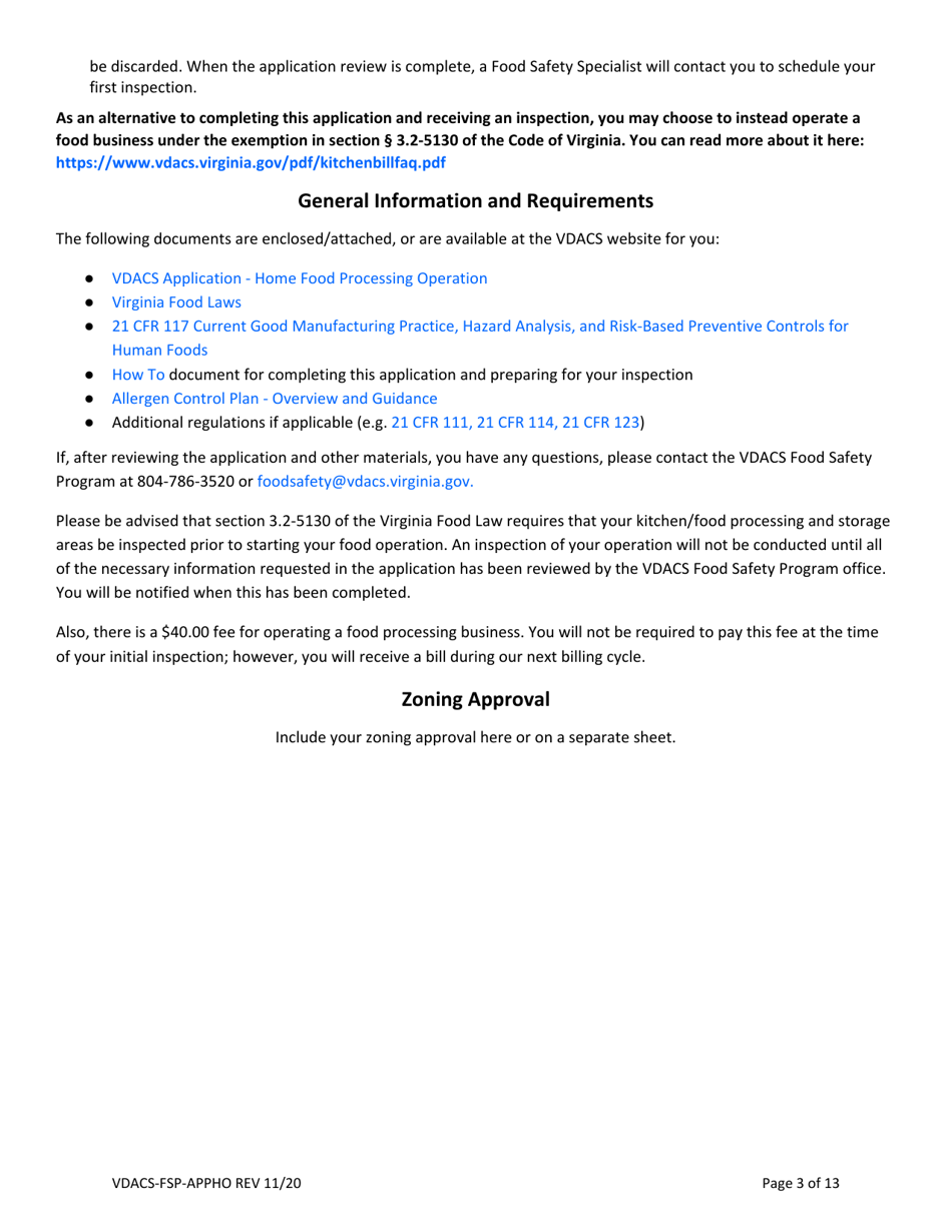 Form VDACS-FSP-APPHO Application for a Home Food Processing Operation - Virginia, Page 3