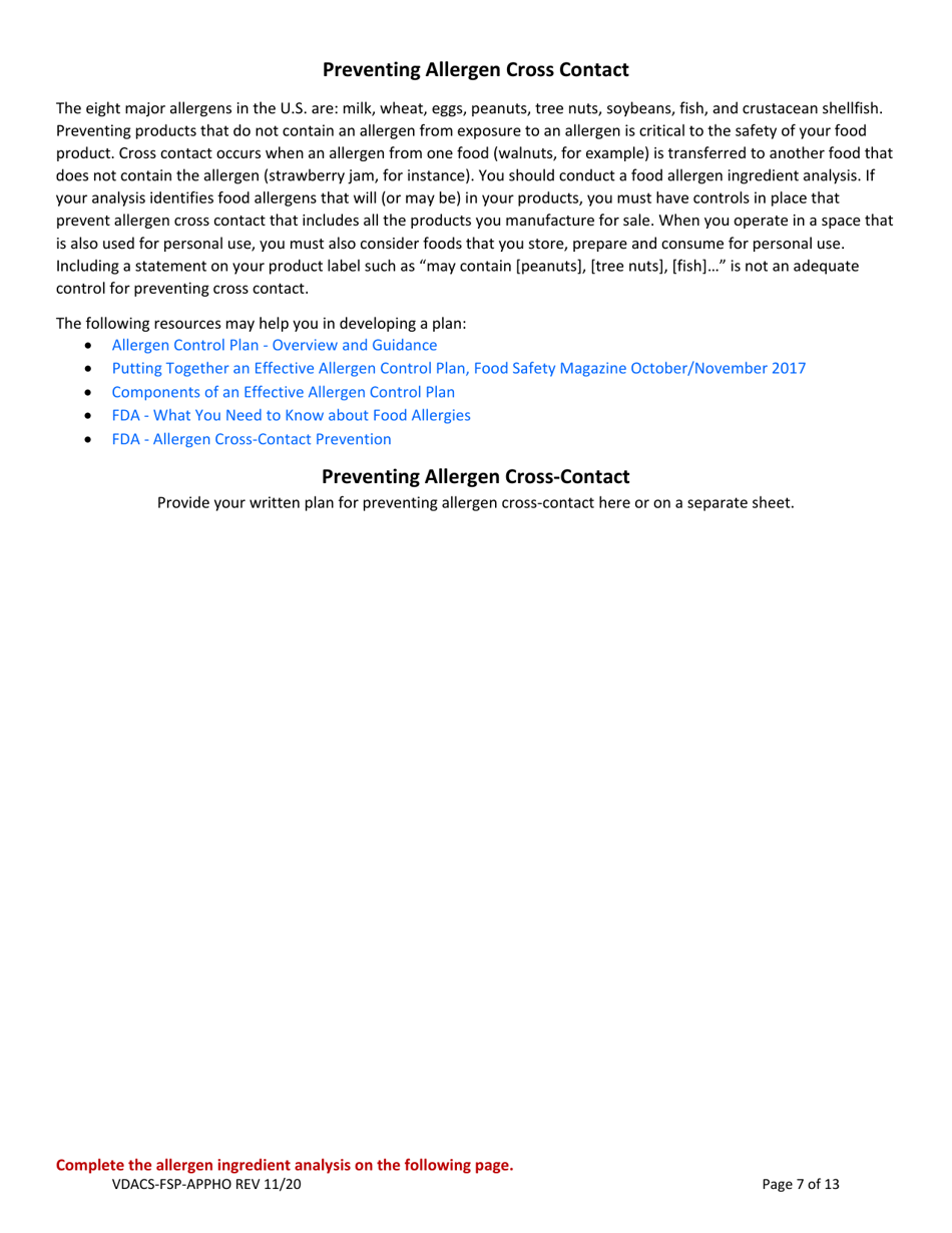 Form VDACS-FSP-APPHO Application for a Home Food Processing Operation - Virginia, Page 7
