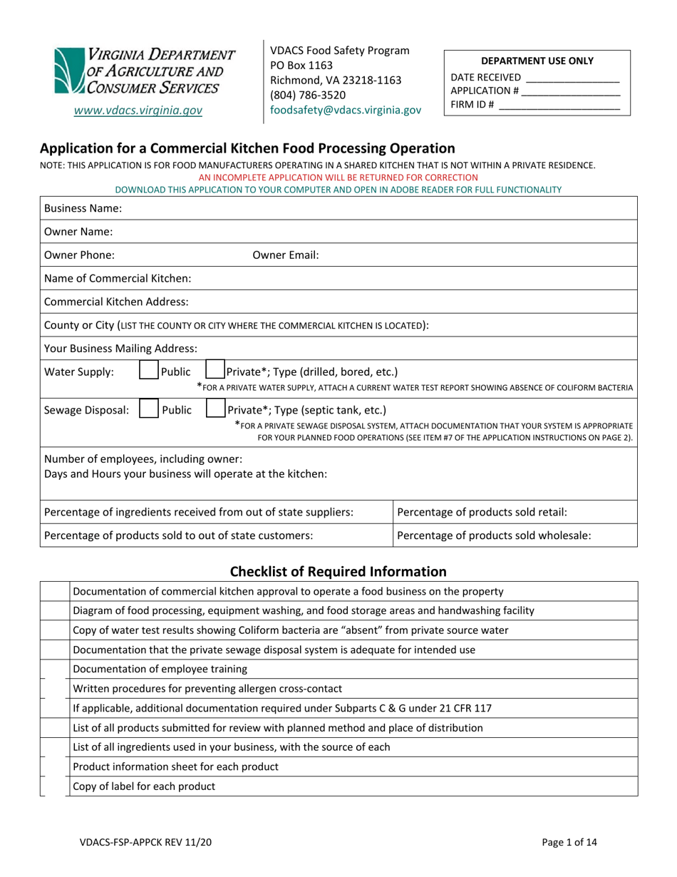 Form VDACS-FSP-APPCK Application for a Commercial Kitchen Food Processing Operation - Virginia, Page 1