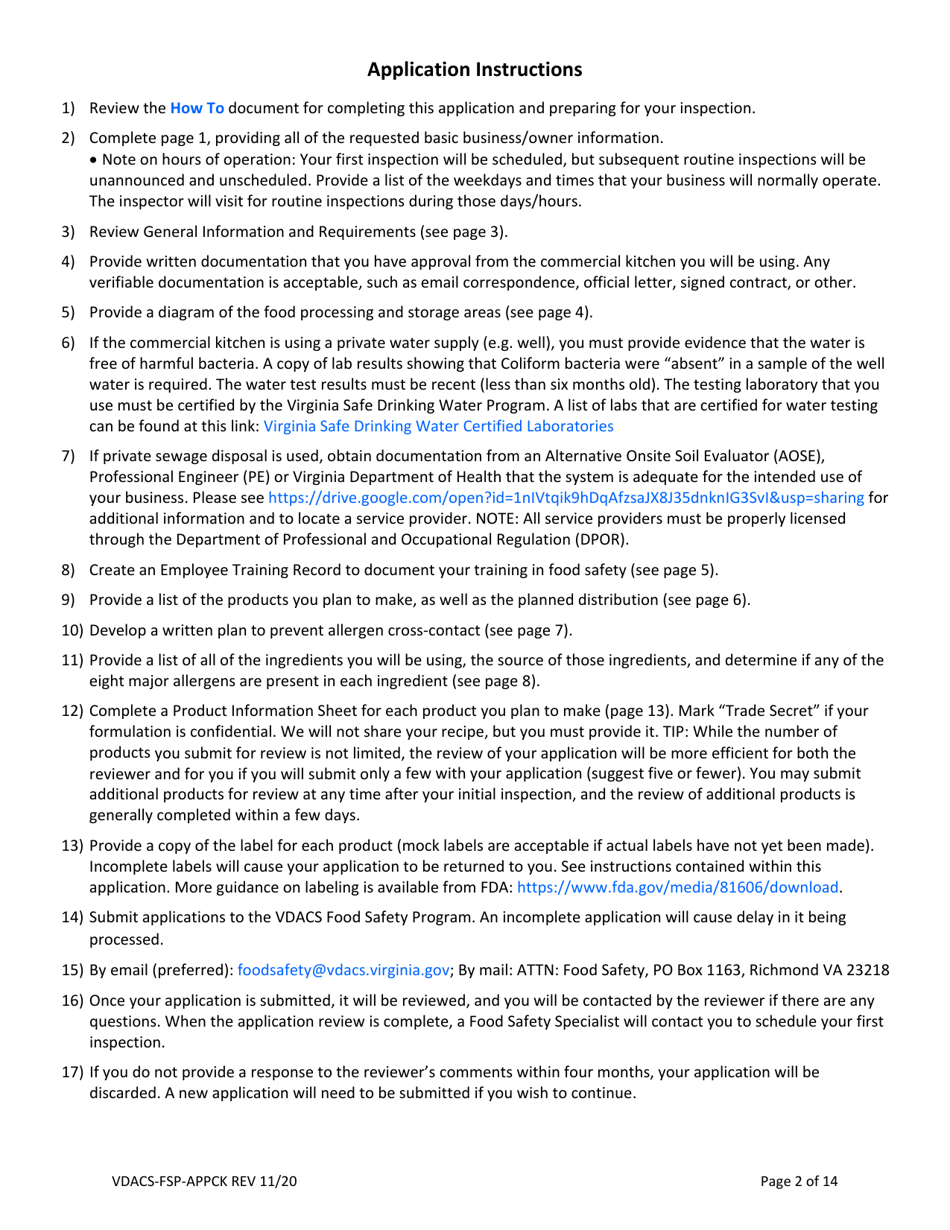 Form VDACS-FSP-APPCK Application for a Commercial Kitchen Food Processing Operation - Virginia, Page 2