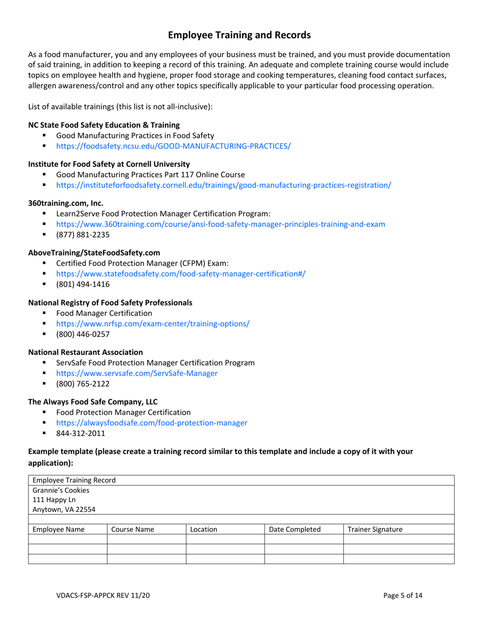 Form VDACS-FSP-APPCK Application for a Commercial Kitchen Food Processing Operation - Virginia, Page 5