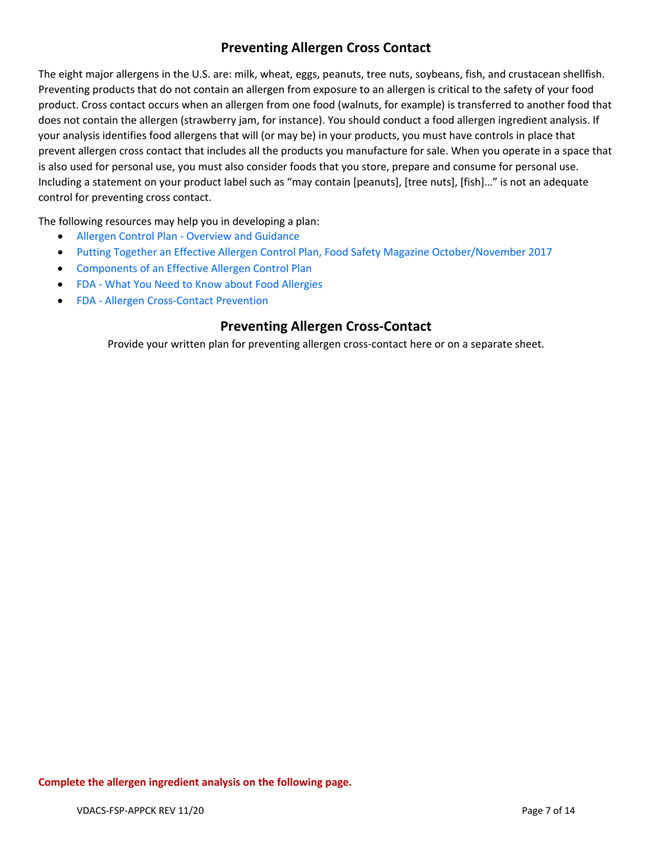 Form VDACS-FSP-APPCK Application for a Commercial Kitchen Food Processing Operation - Virginia, Page 7