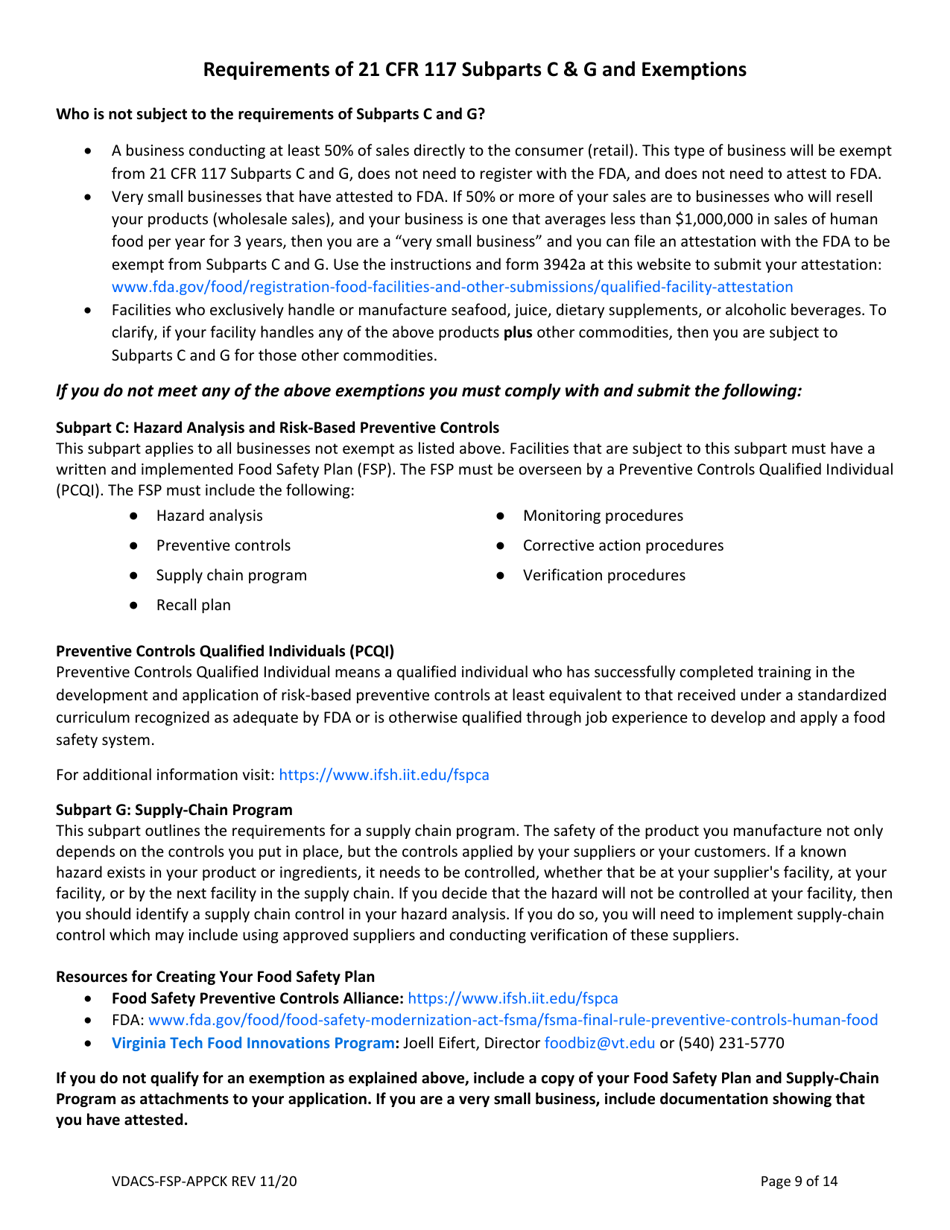 Form VDACS-FSP-APPCK Application for a Commercial Kitchen Food Processing Operation - Virginia, Page 9