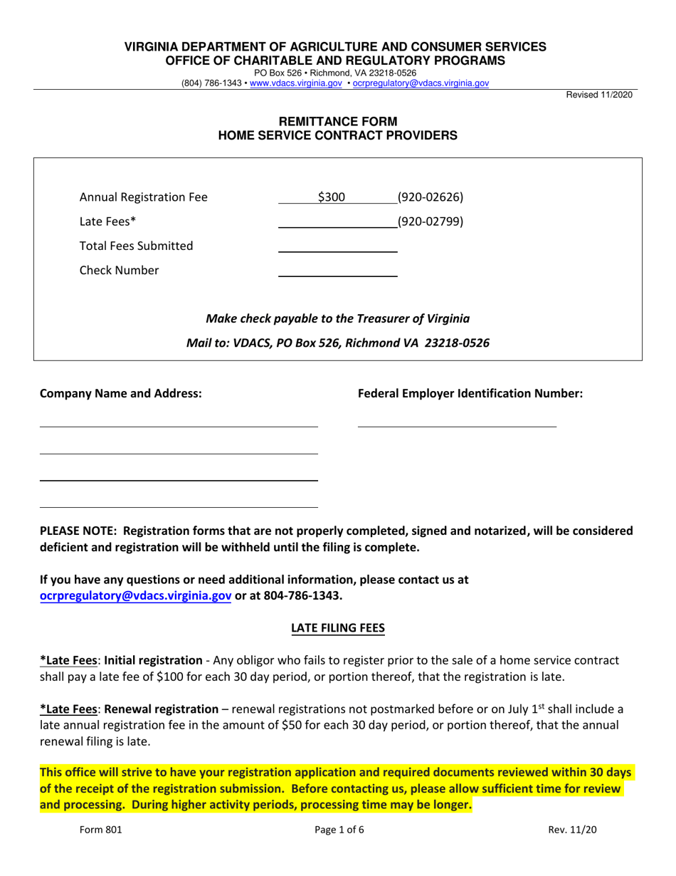 Form 801 Home Service Contract Provider Registration Application - Virginia, Page 1
