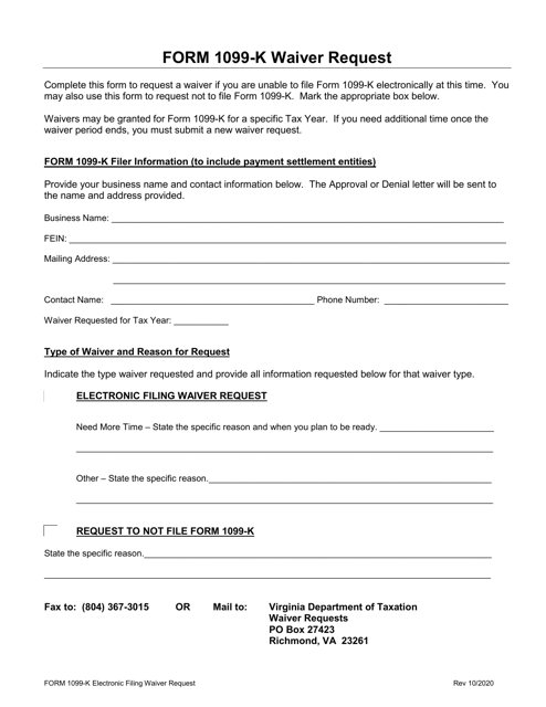 Form 1099-K Waiver Request - Virginia