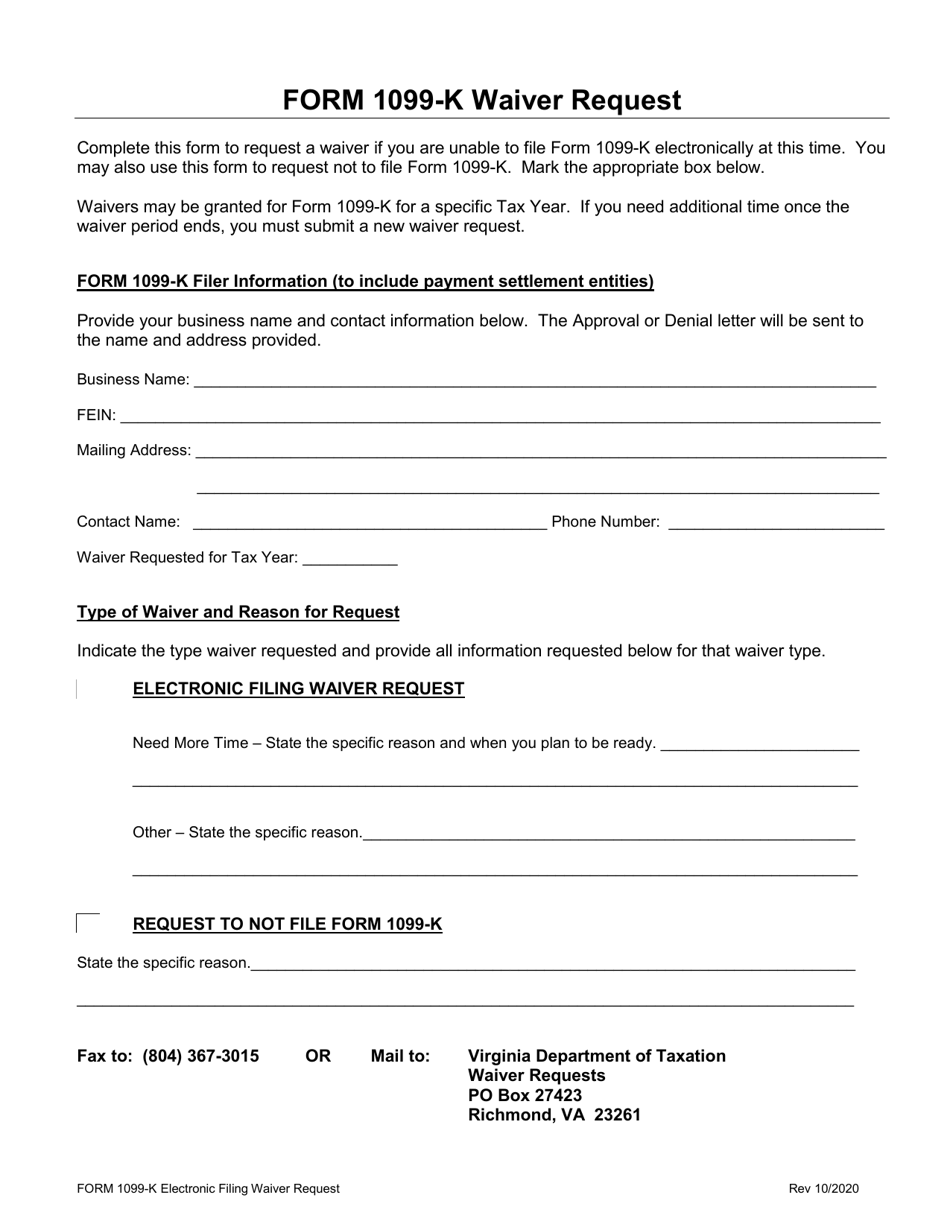 Form 1099-K Waiver Request - Virginia, Page 1