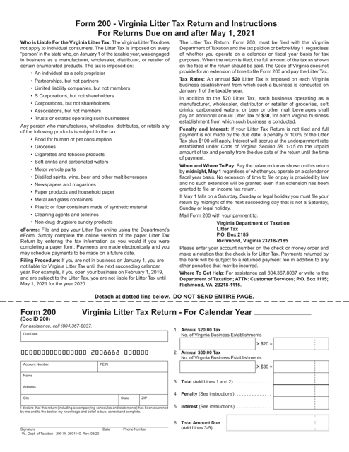 Form 200 Virginia Litter Tax Return - Virginia