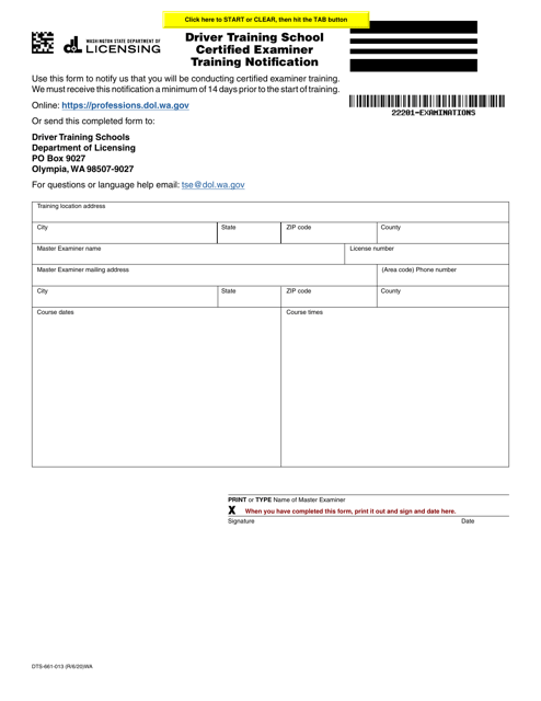 Form DTS-661-013 Driver Training School Certified Examiner Training Notification - Washington