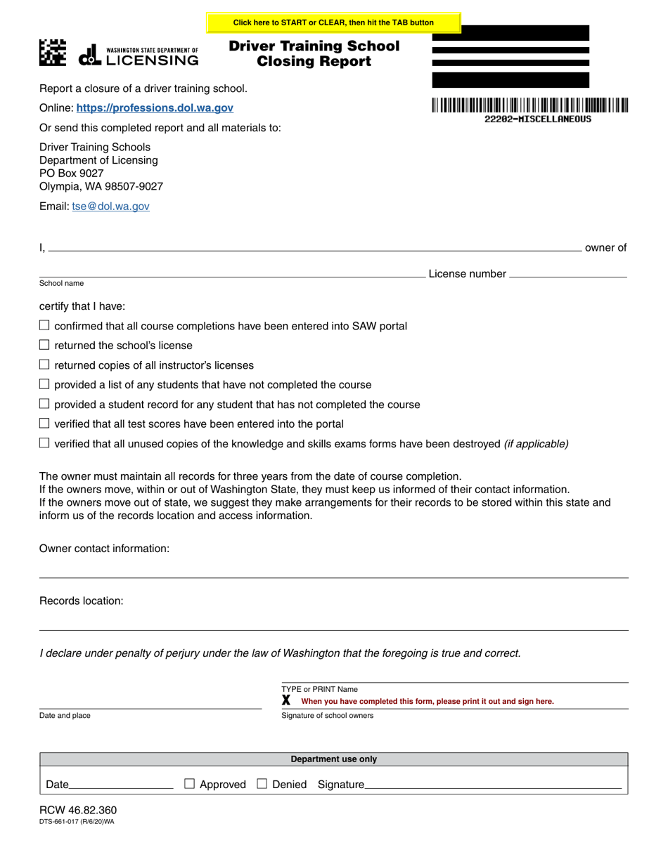 Form DTS-661-017 Driver Training School Closing Report - Washington, Page 1