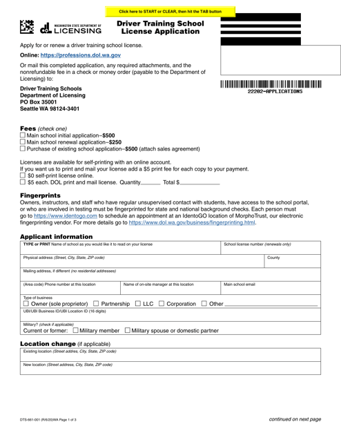 Form DTS-661-001 Driver Training School License Application - Washington