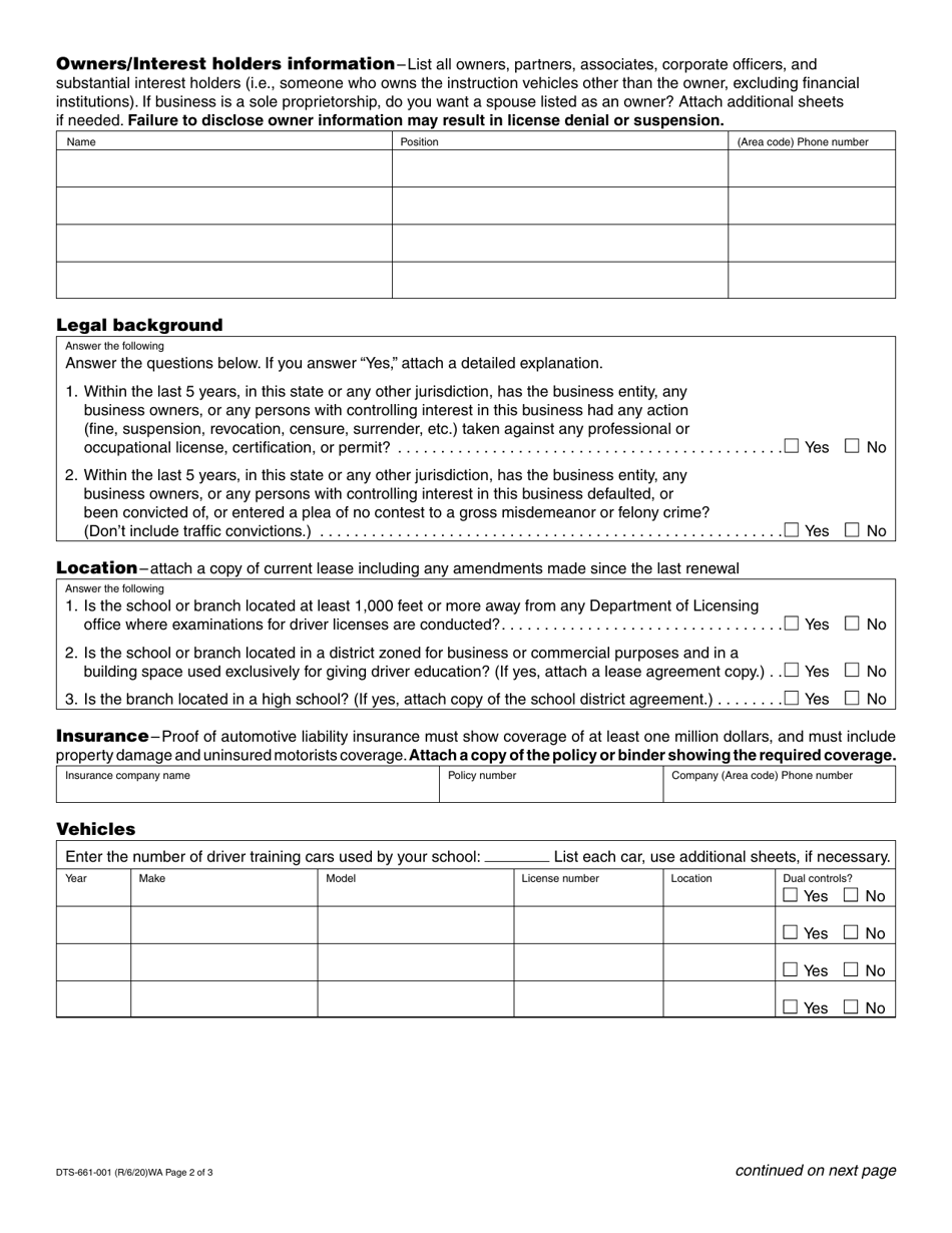 Form DTS-661-001 Driver Training School License Application - Washington, Page 2
