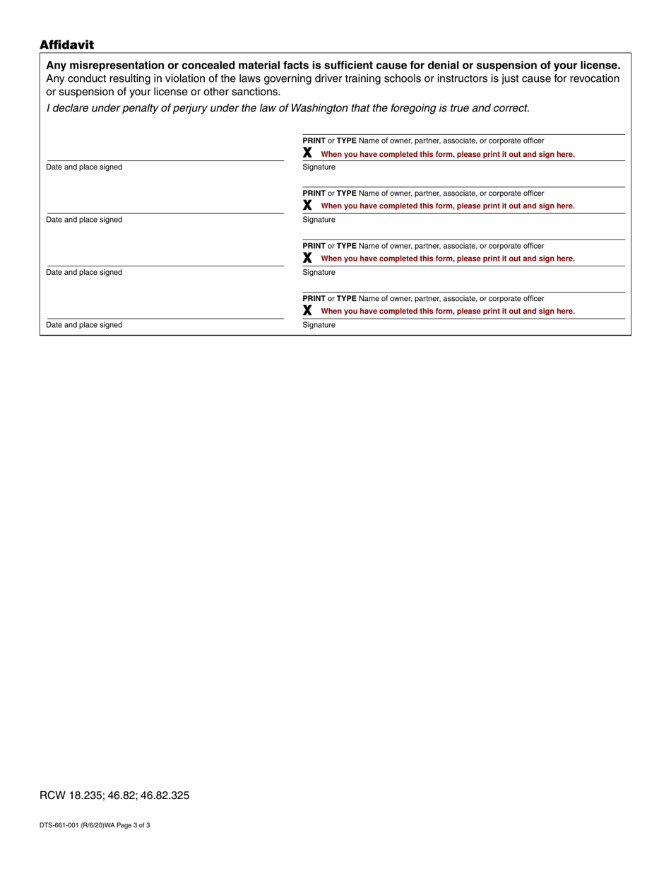 Form DTS-661-001 Driver Training School License Application - Washington, Page 3