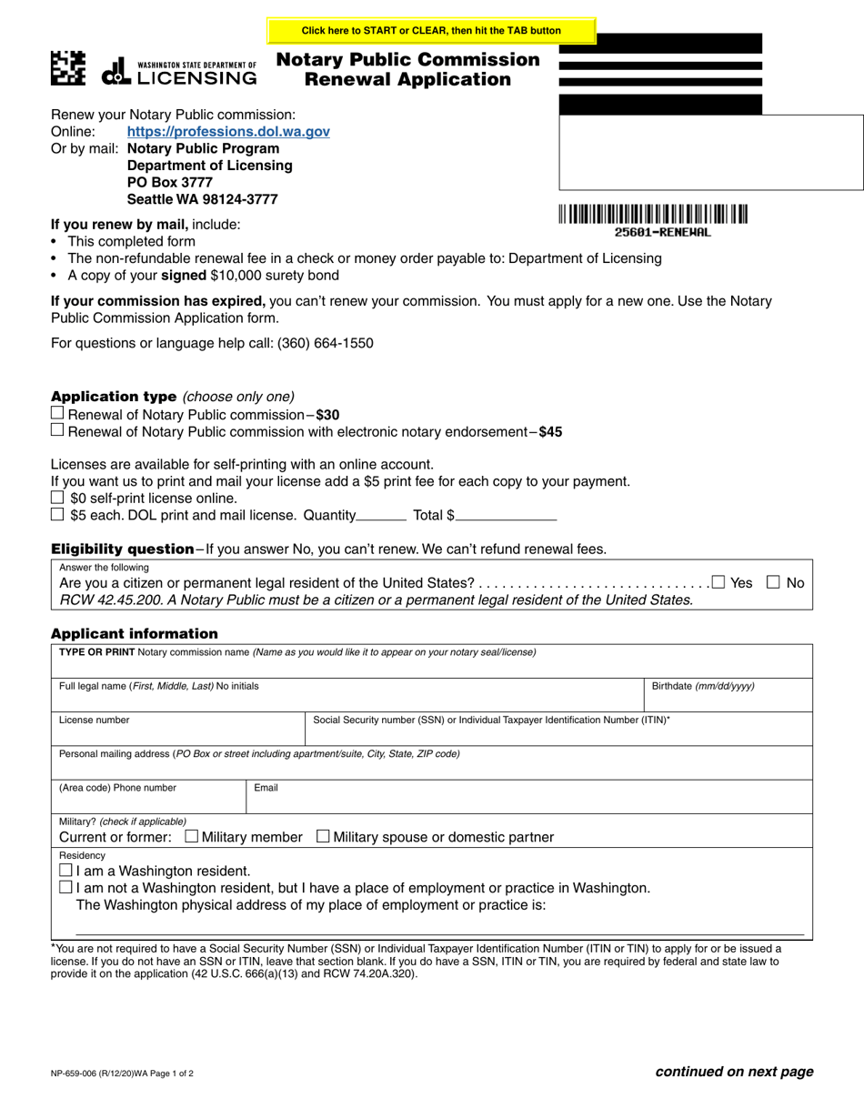 Form NP-659-006 Notary Public Commission Renewal Application - Washington, Page 1