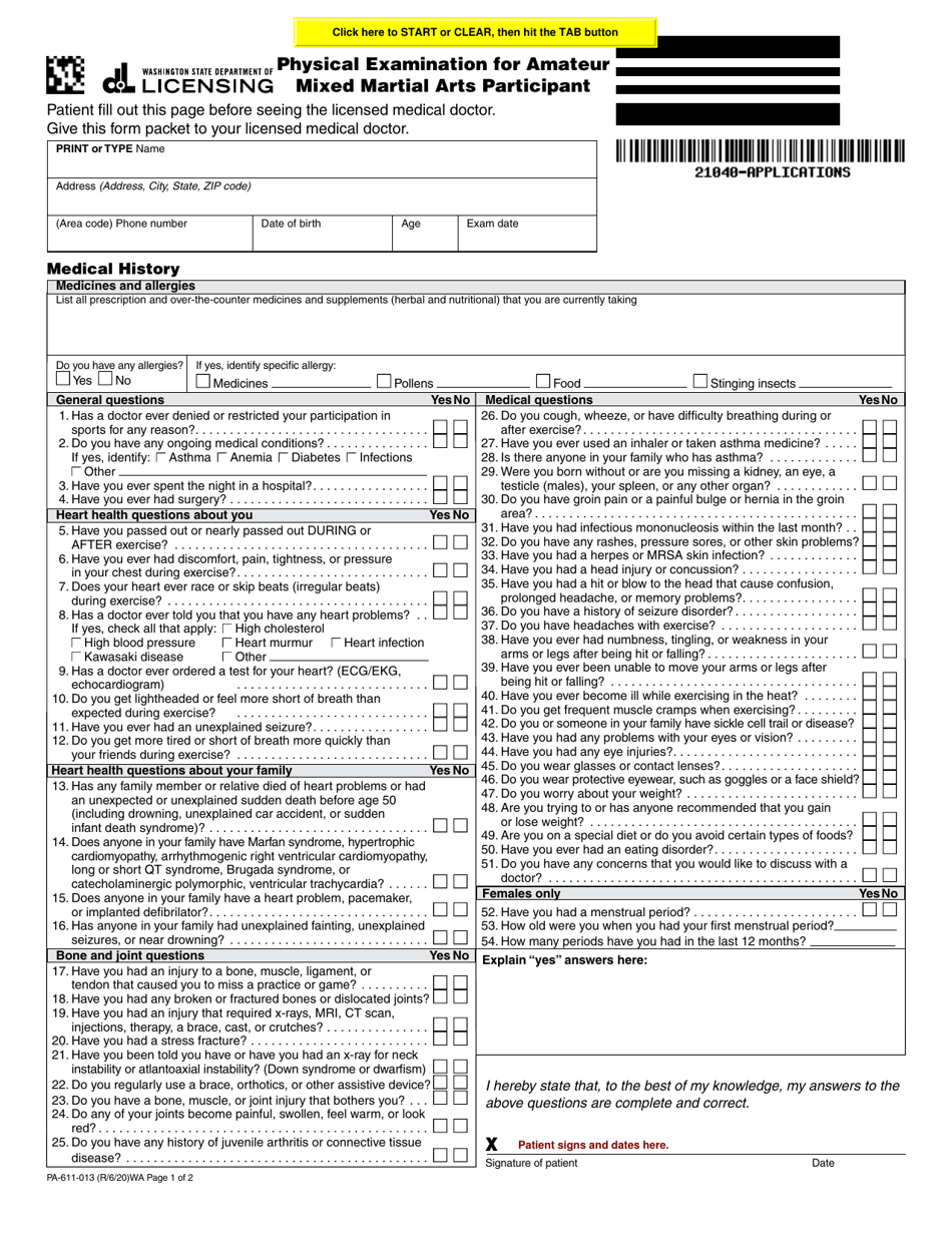 Form PA-611-013 Physical Examination for Amateur Mixed Martial Arts Participant - Washington, Page 1