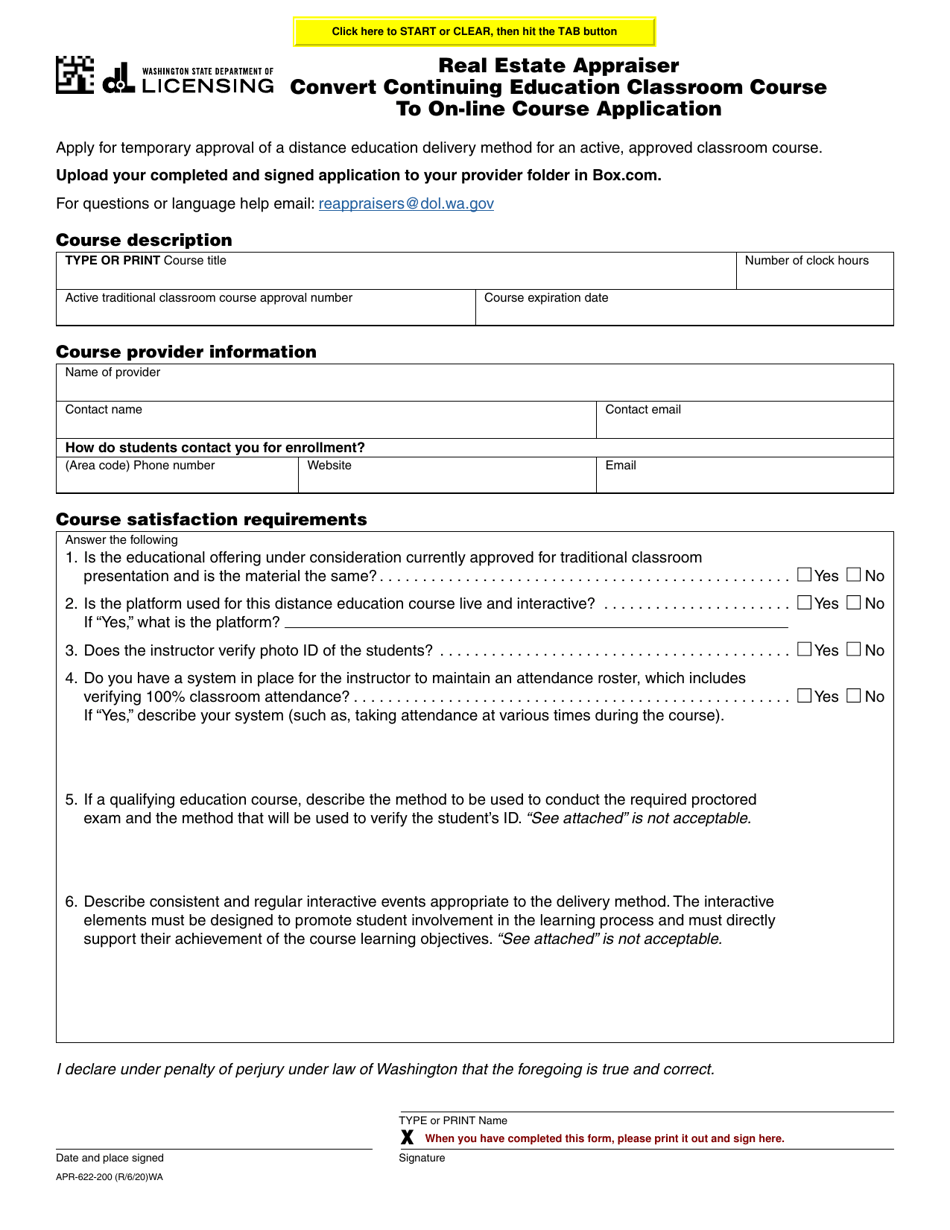 Form APR-622-200 Real Estate Appraiser Convert Continuing Education Classroom Course to on-Line Course Application - Washington, Page 1