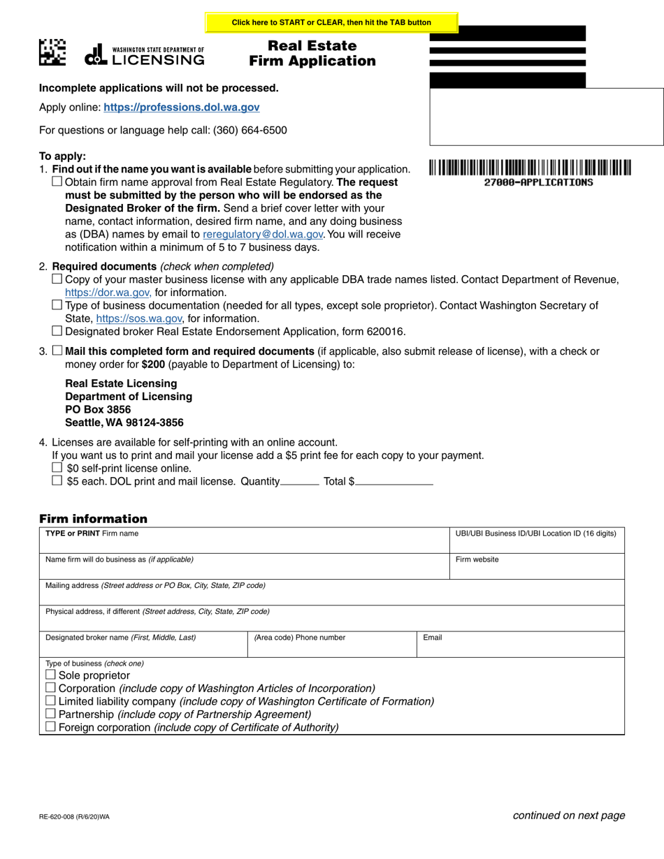 Form RE-620-008 Real Estate Firm Application - Washington, Page 1