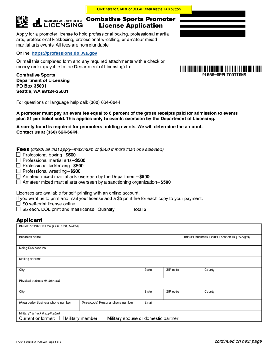 Form PA-611-012 Combative Sports Promoter License Application - Washington, Page 1