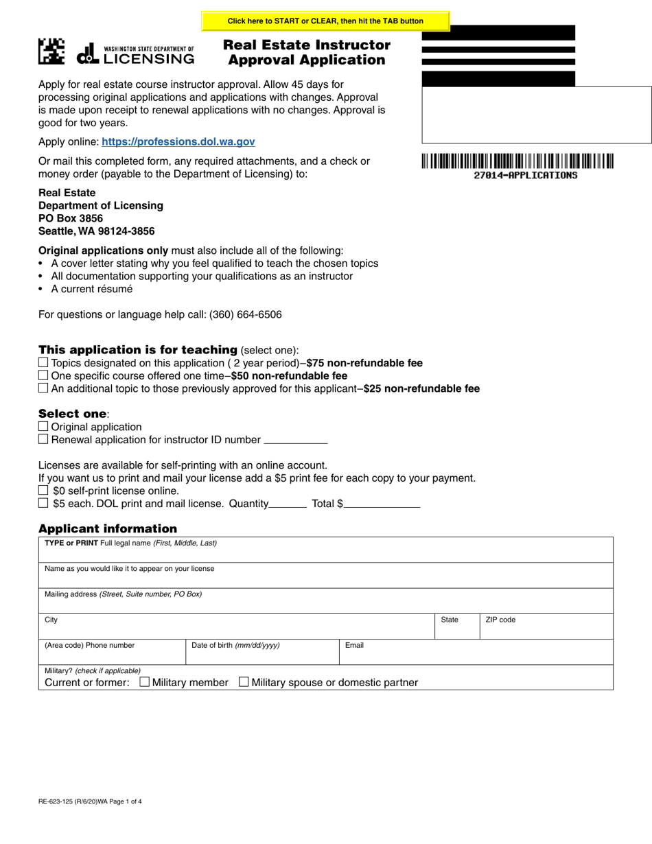Form RE-623-125 Real Estate Instructor Approval Application - Washington, Page 1