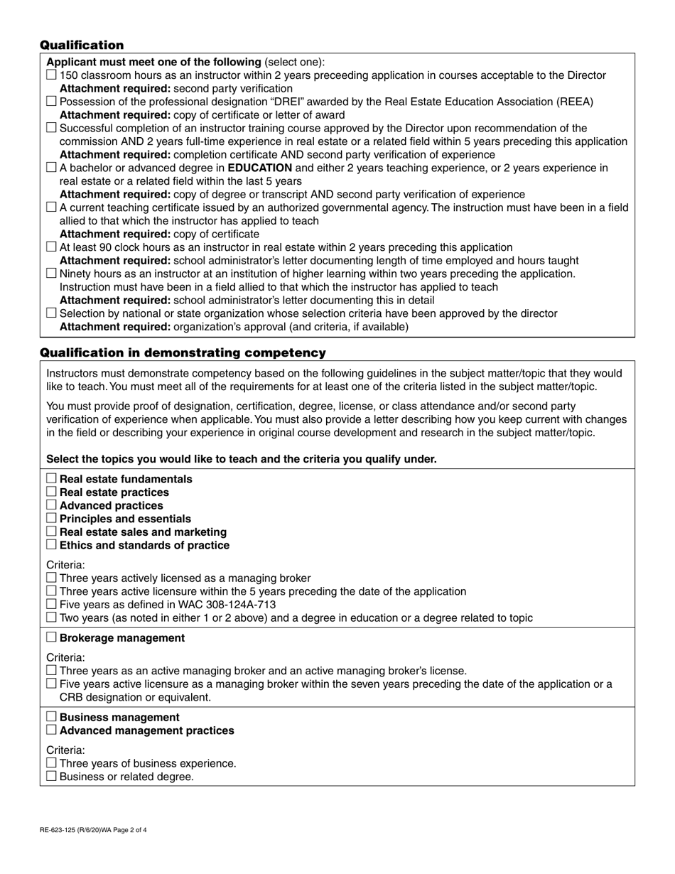 Form RE-623-125 Real Estate Instructor Approval Application - Washington, Page 2