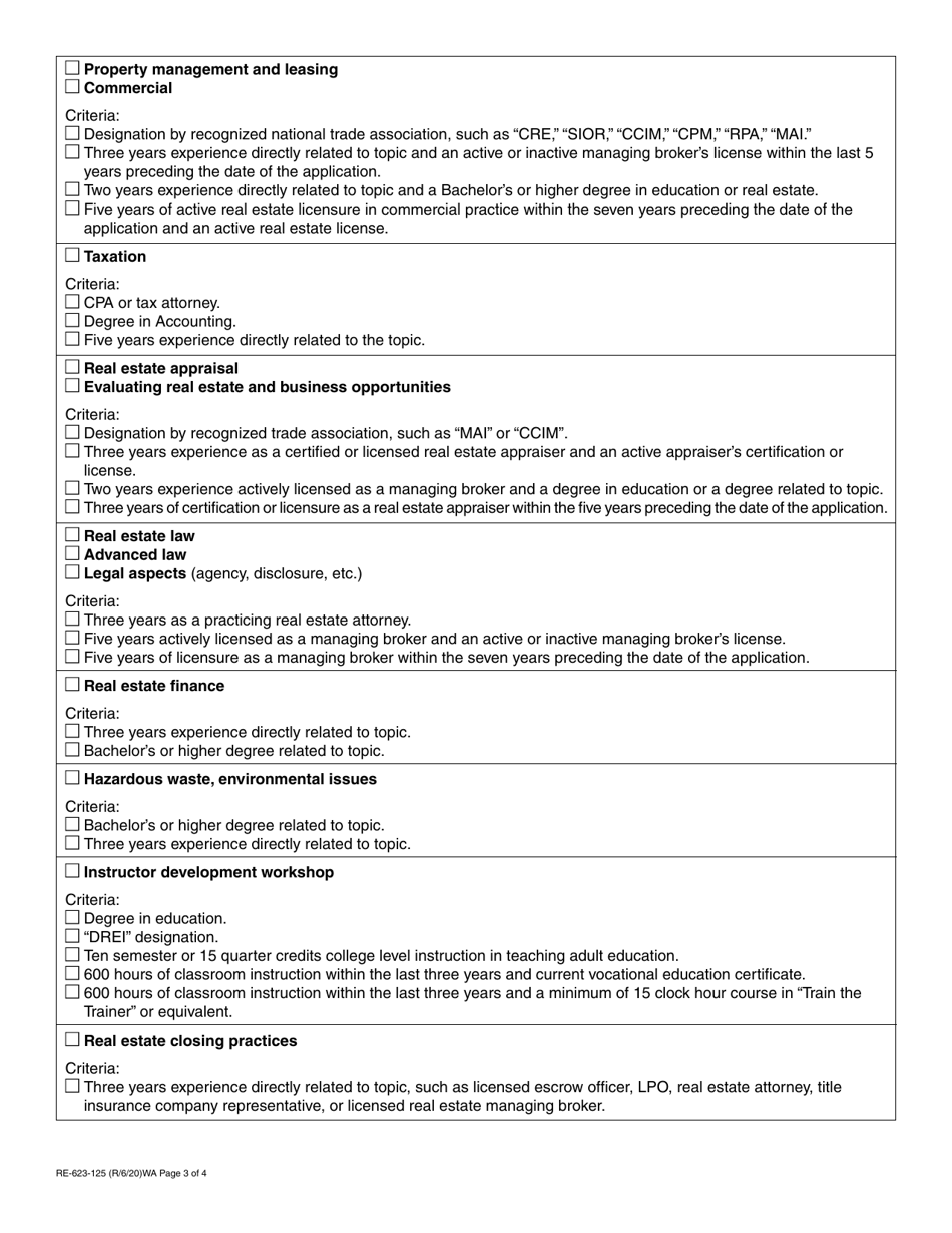 Form RE-623-125 Real Estate Instructor Approval Application - Washington, Page 3