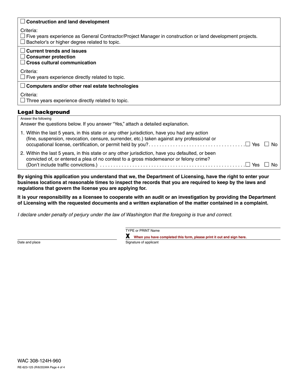Form RE-623-125 Real Estate Instructor Approval Application - Washington, Page 4
