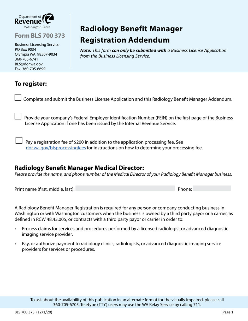 Form BLS700 373 Radiology Benefit Manager Registration Addendum - Washington, Page 1