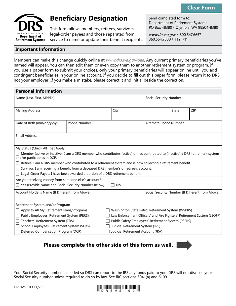 Form DRS MS100 Download Fillable PDF or Fill Online Beneficiary ...