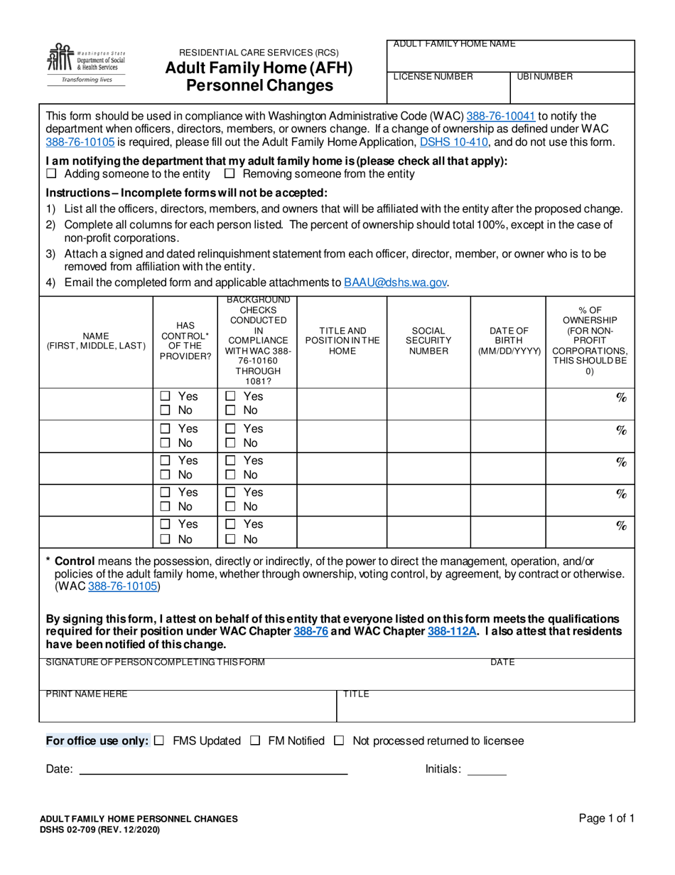 DSHS Form 02-709 Adult Family Home (Afh) Personnel Changes - Washington, Page 1