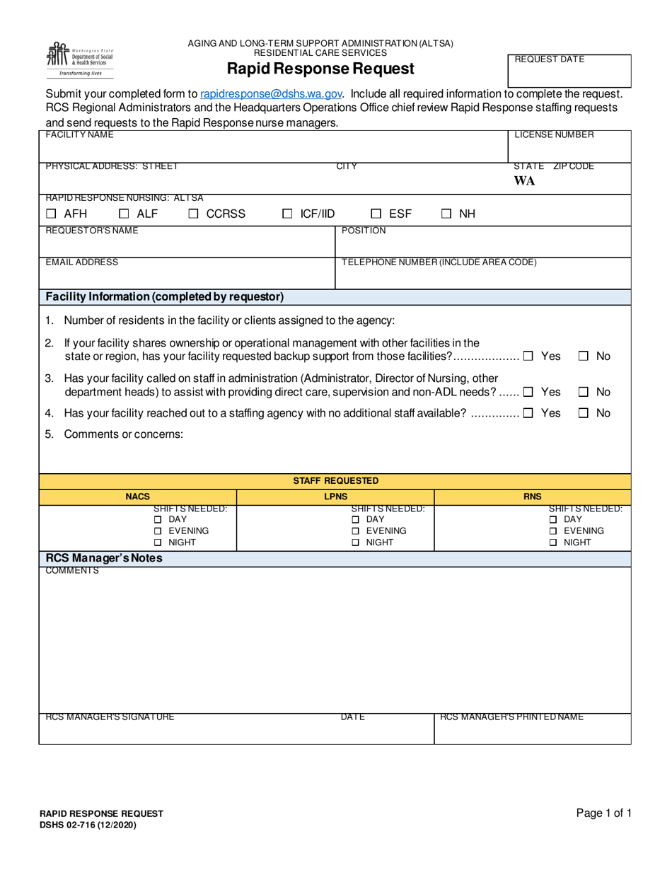 DSHS Form 02-716 Rapid Response Request - Washington, Page 1