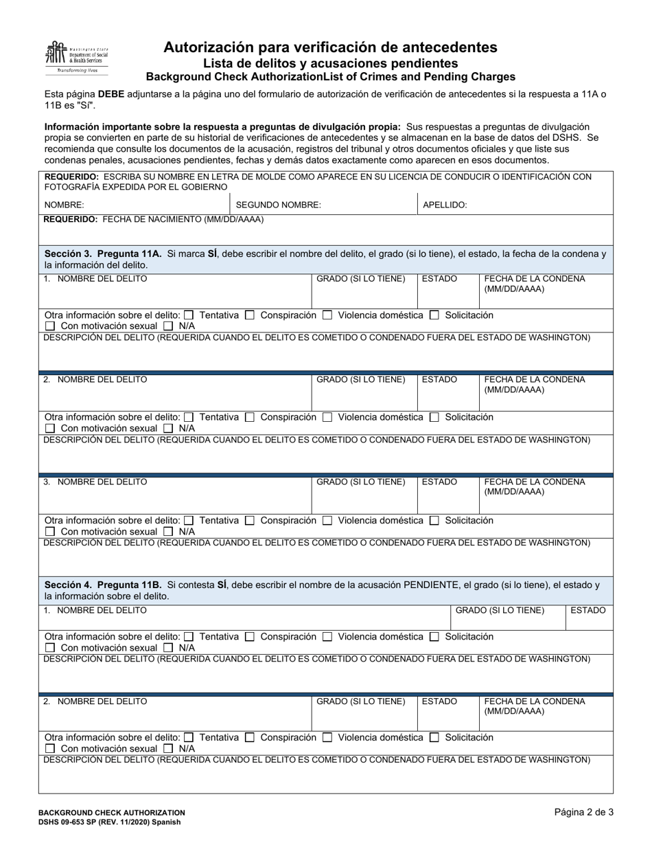 DSHS Formulario 09-653 Autorizacion Para Verificacion De Antecedents - Washington (Spanish), Page 2