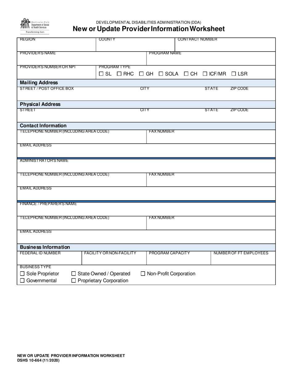 DSHS Form 10-664 New or Update Provider Information Worksheet - Washington, Page 1