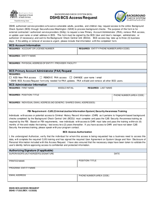 DSHS Form 17-253 Dshs Bcs Access Request - Washington