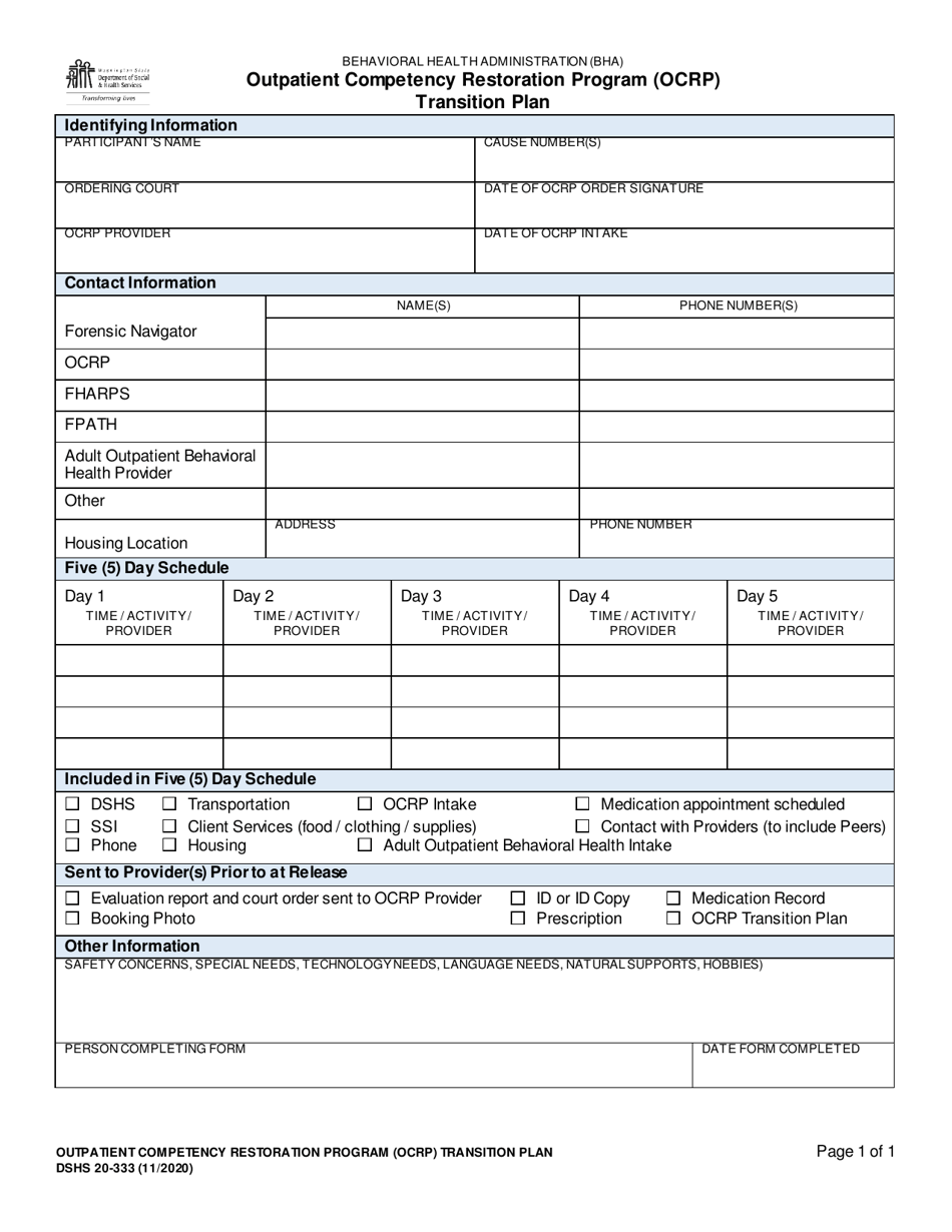 DSHS Form 20-333 Outpatient Competency Restoration Program (Ocrp) Transition Plan - Washington, Page 1